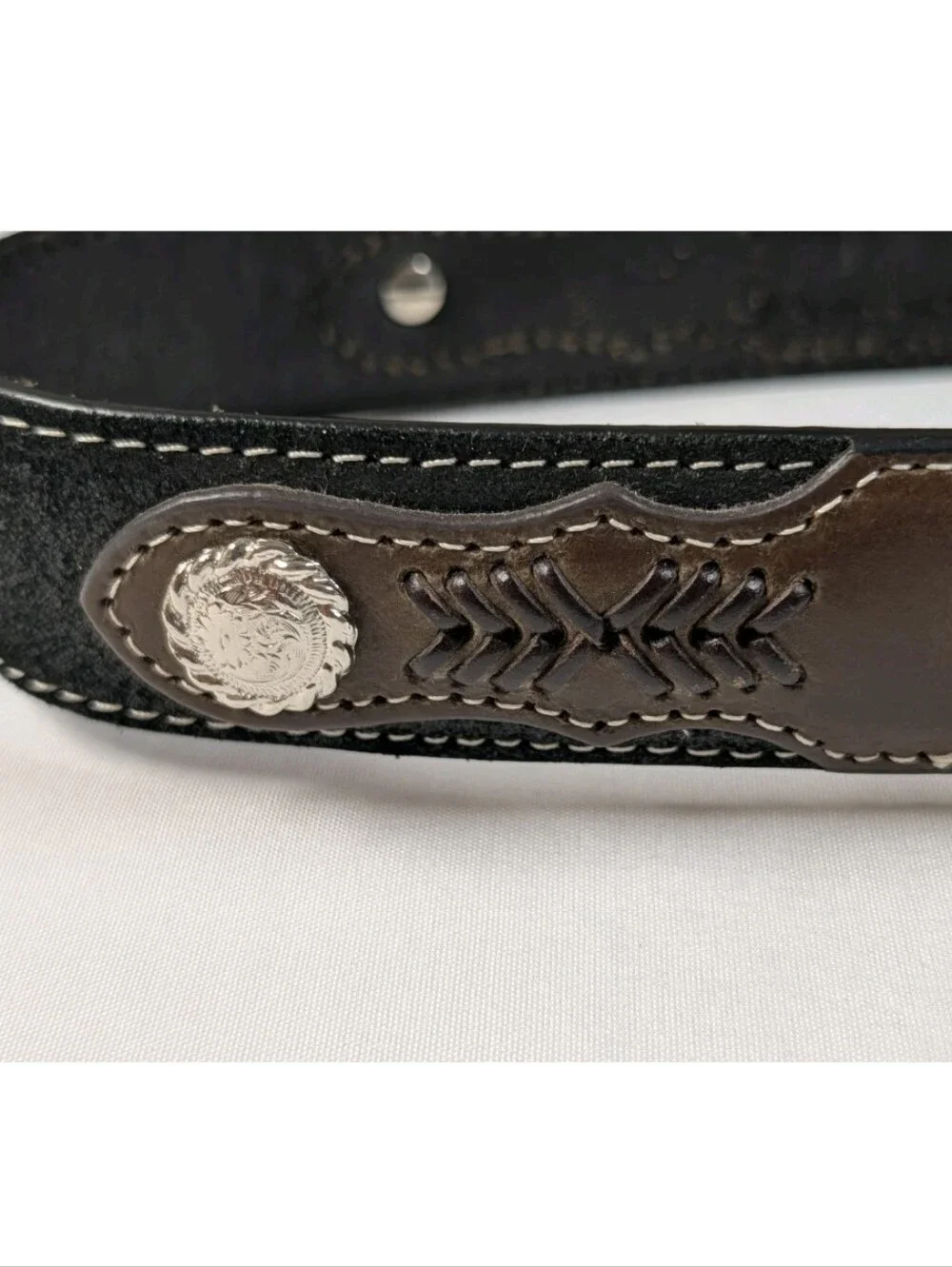 Nocona Belt Size 28 Brown Black Leather Western Woven Aztec Inlay Silver Concho